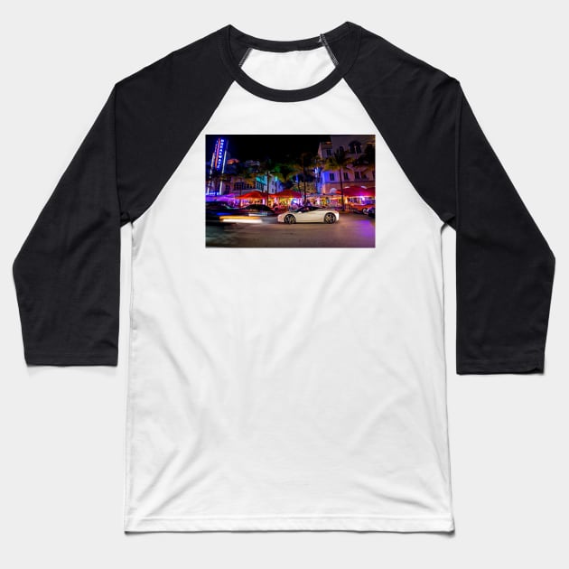 Ocean Ave at Night Miami Florida Baseball T-Shirt by WayneOxfordPh